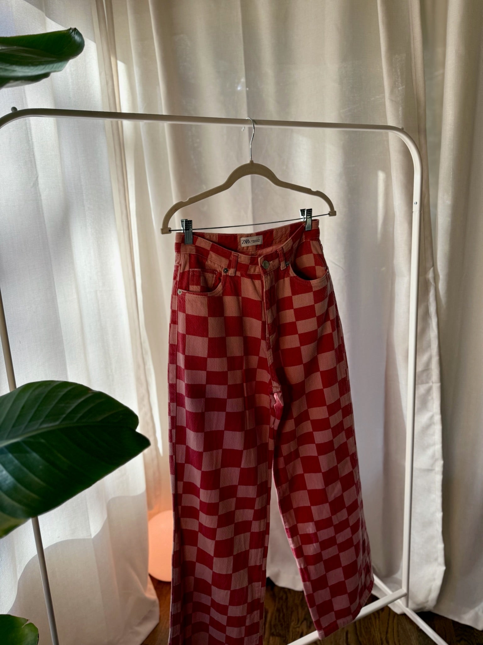 Zara Straight Leg Pink Checkered Pants