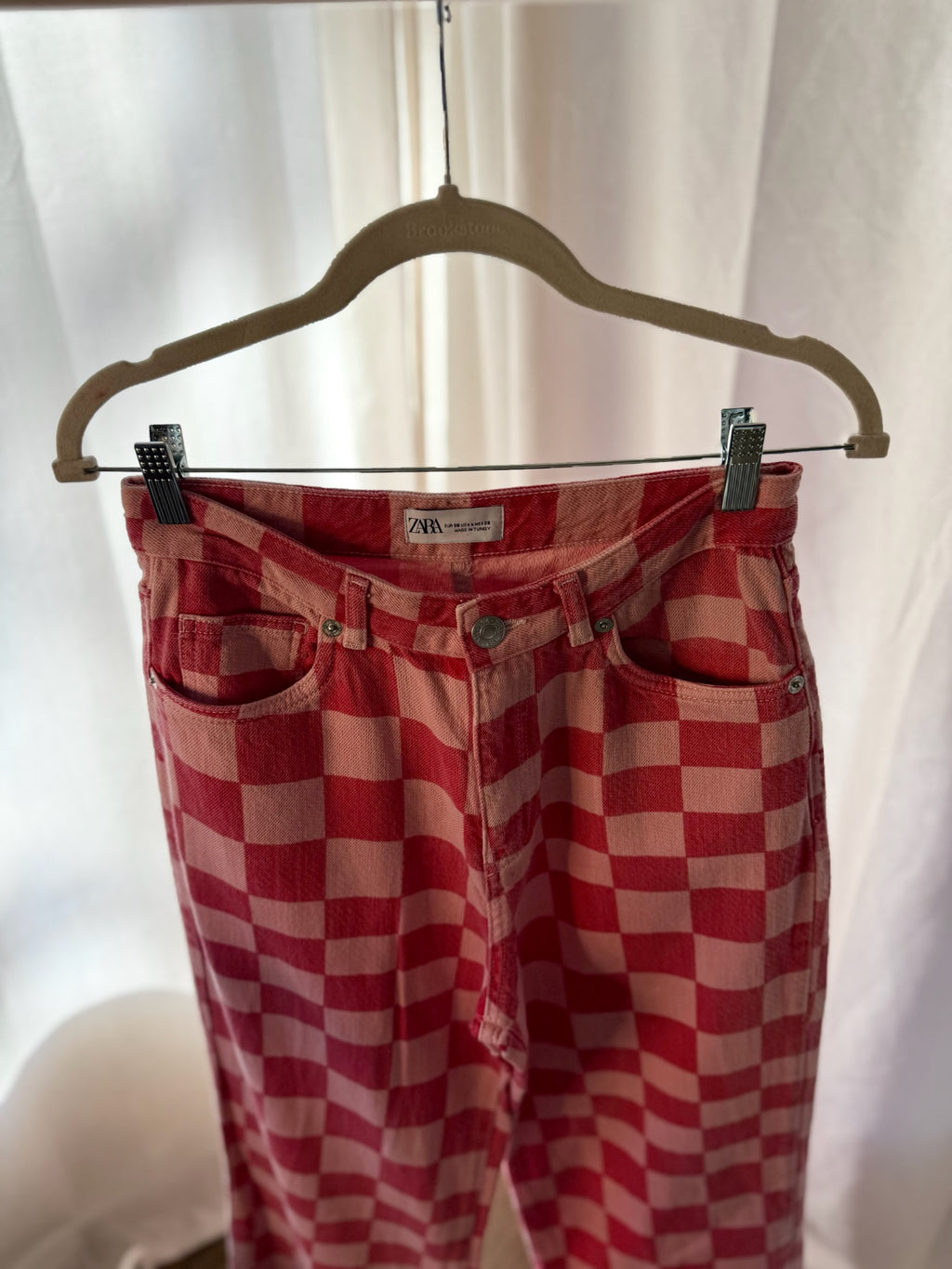Zara Straight Leg Pink Checkered Pants