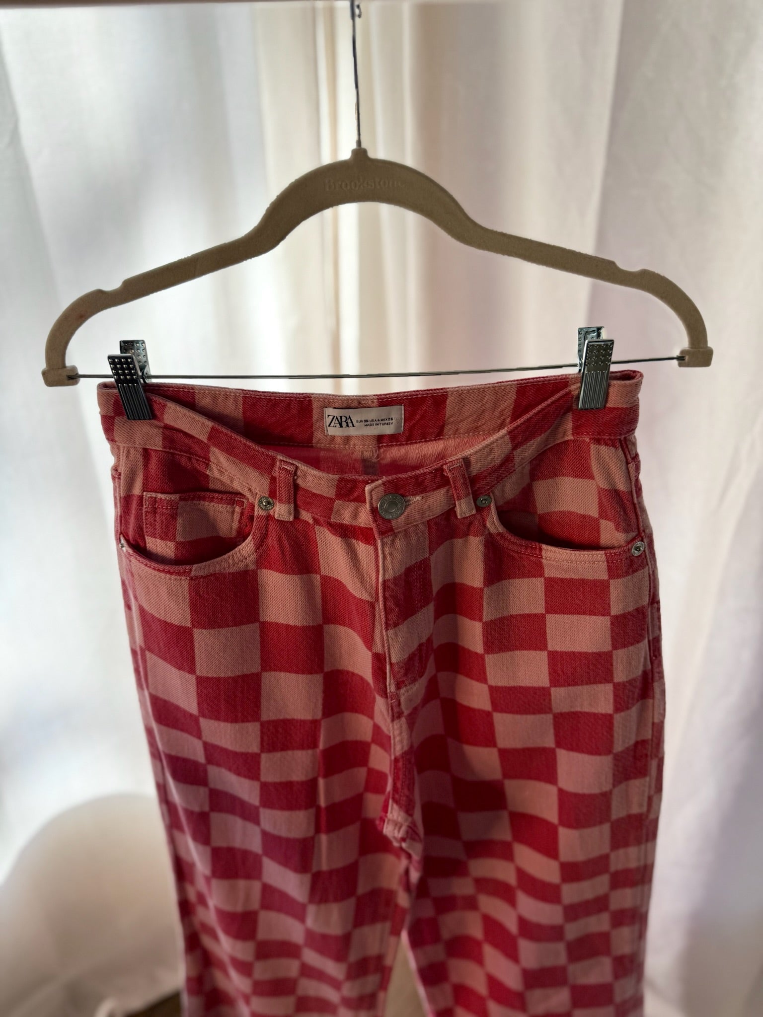 Zara Straight Leg Pink Checkered Pants