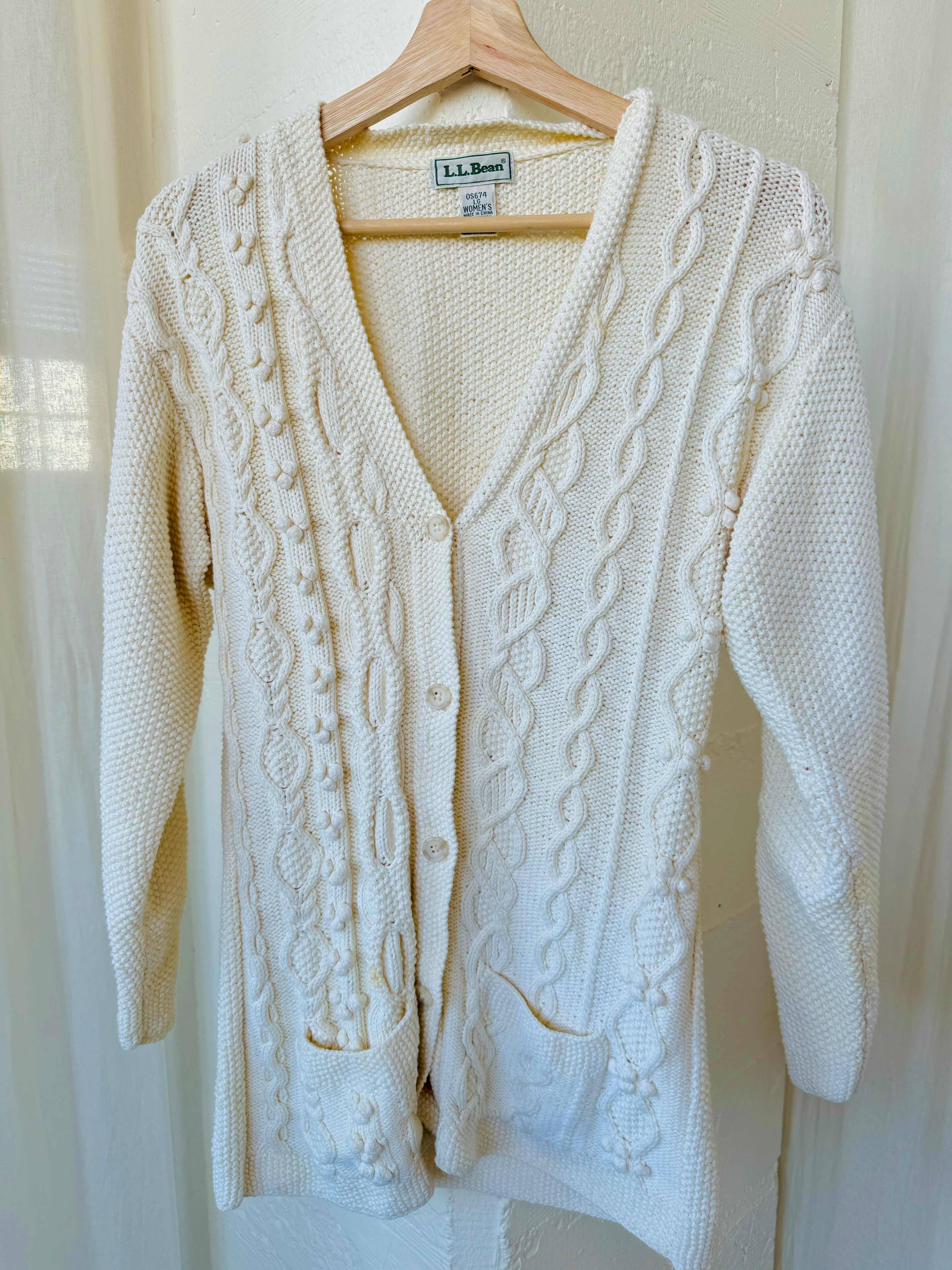 L.L. Bean Cream Cable Knit Cardigan