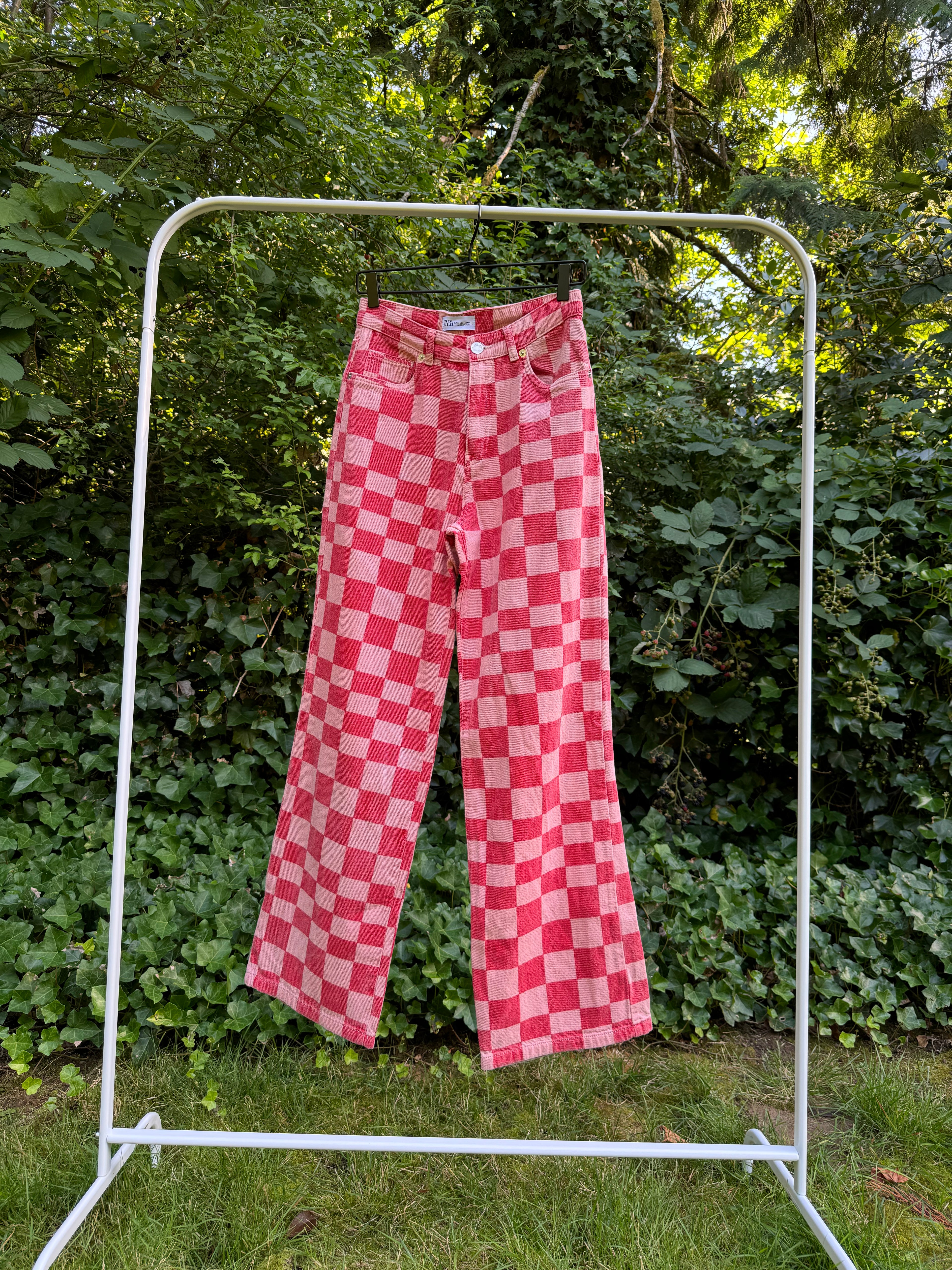 Zara Straight Leg Pink Checkered Pants